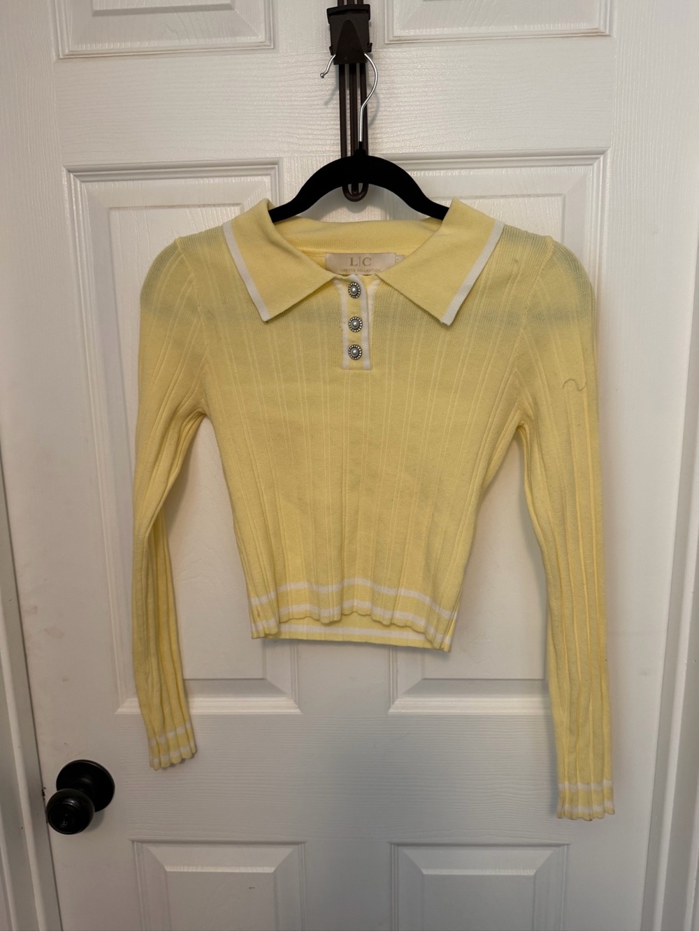 Lizette collection Yellow Ribbed Polo Long Sleeve sweater with White Trim